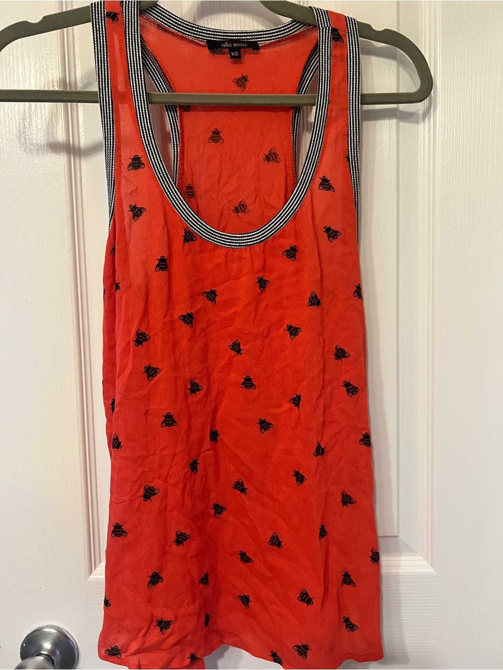 Ella Moss Orangey Red Bee-Print Racerback Tank Top with Striped Trim, Size XS